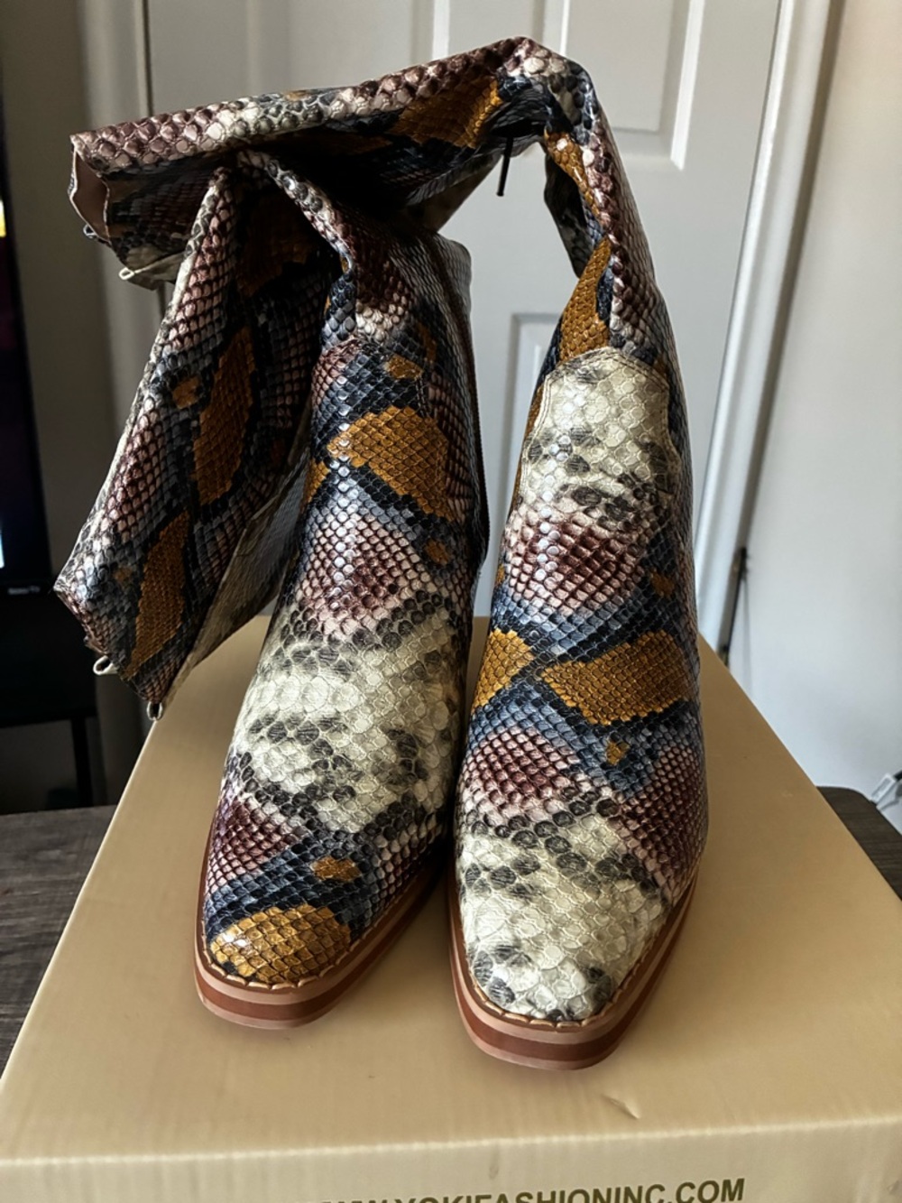 Yoki Multicolor Snake-Print Knee Boots - Brown, Tan, Black, Cream - Picture 4 of 6